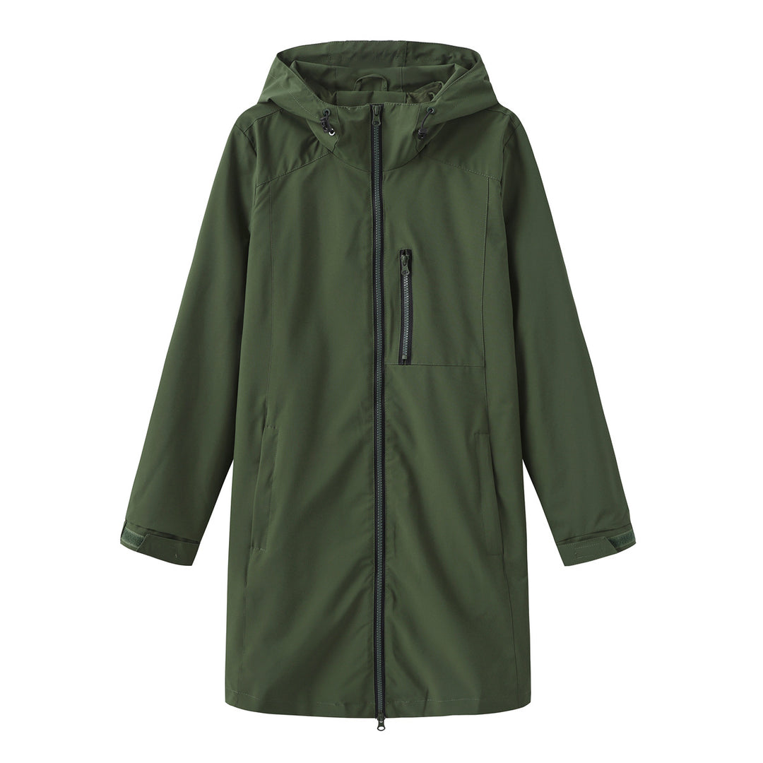 Women's long slim functional rain jacket with full-length zipper, chest zip pocket, and velcro cuffs Mune Fashion