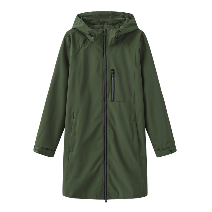Women's long slim functional rain jacket with full-length zipper, chest zip pocket, and velcro cuffs Mune Fashion