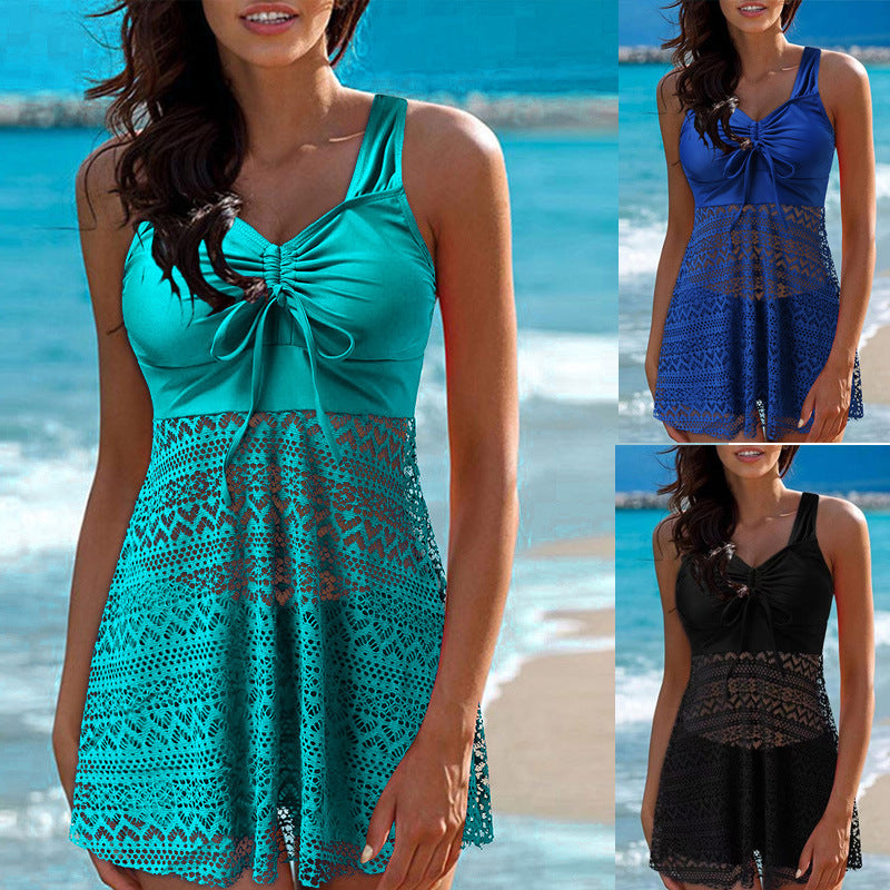 Ladies swimsuit dress with sophisticated gathering and elegant lace pattern Mune Fashion