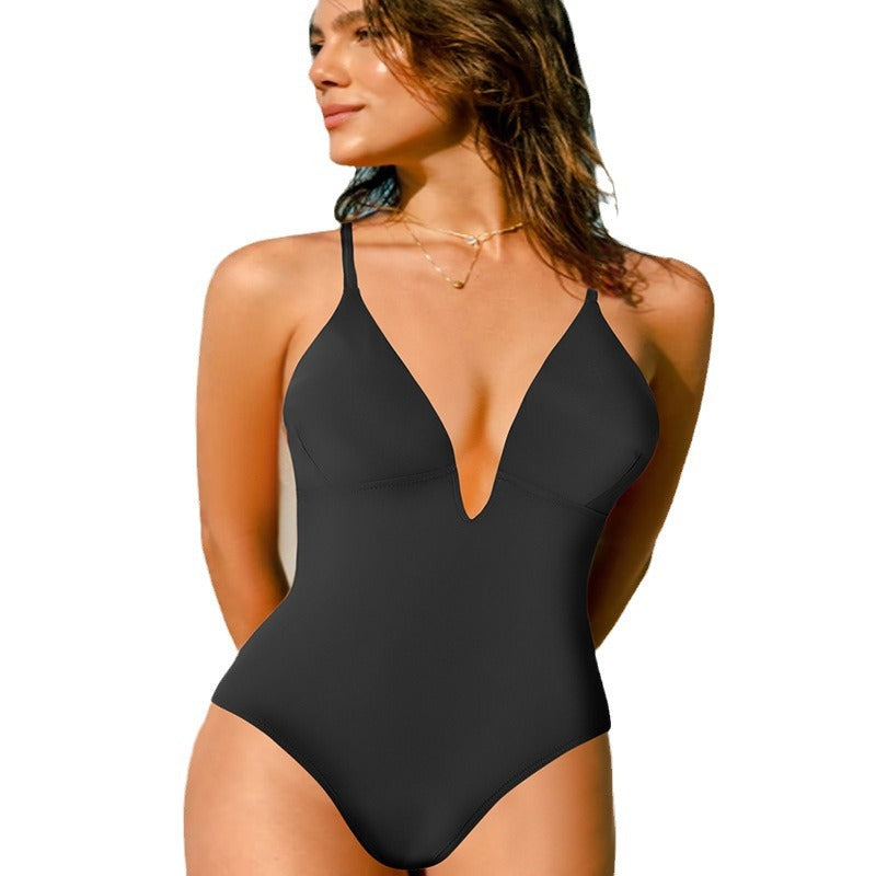 Women's one-piece swimsuit with deep V-neck and trendy feather design Mune Fashion