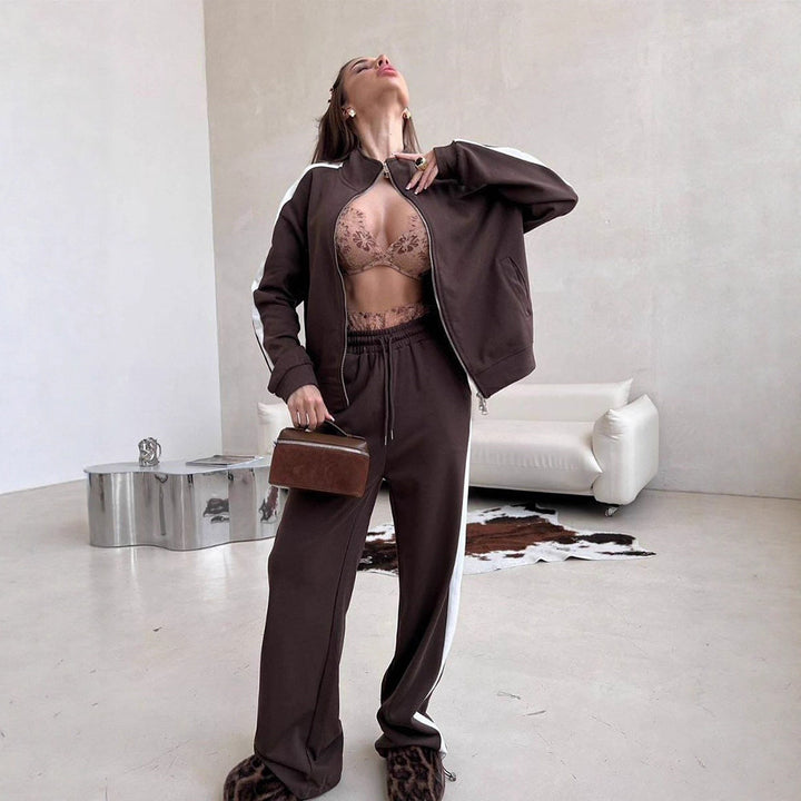 Women's loose zip sweat set with hood, high waistband and side contrast stripe Mune Fashion