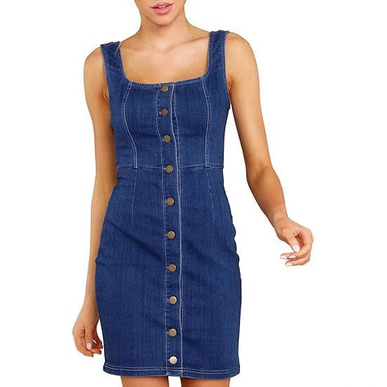 Women's Fitted Denim Dress with Full Button Placket and Square Neckline Mune Fashion