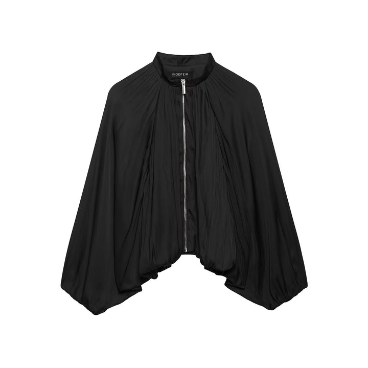 Women's Pleated Cape Jacket with Zipper and Stand-up Collar Mune Fashion