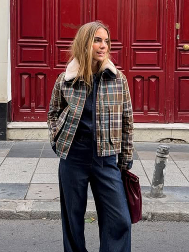 Women's Short Blouson in Check Pattern with Padded Lining and Teddy Collar Mune Fashion