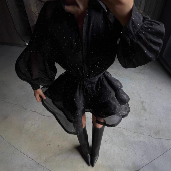 Women Transparent Ruffle Mini Dress with Shirt Collar, Balloon Sleeves and Waist Belt Mune Fashion