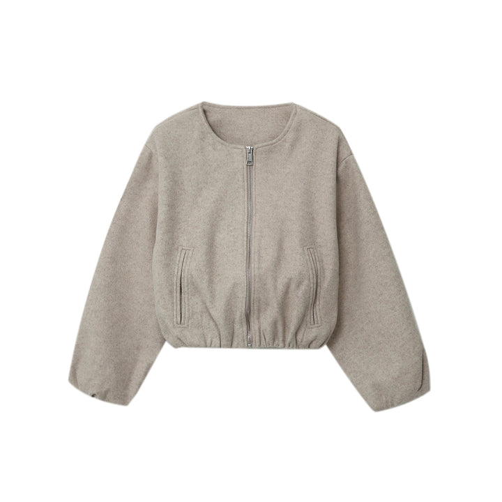 Women's short-cut wool look cropped jacket with round neck, full zip, elastic hem, and subtle side pockets Mune Fashion
