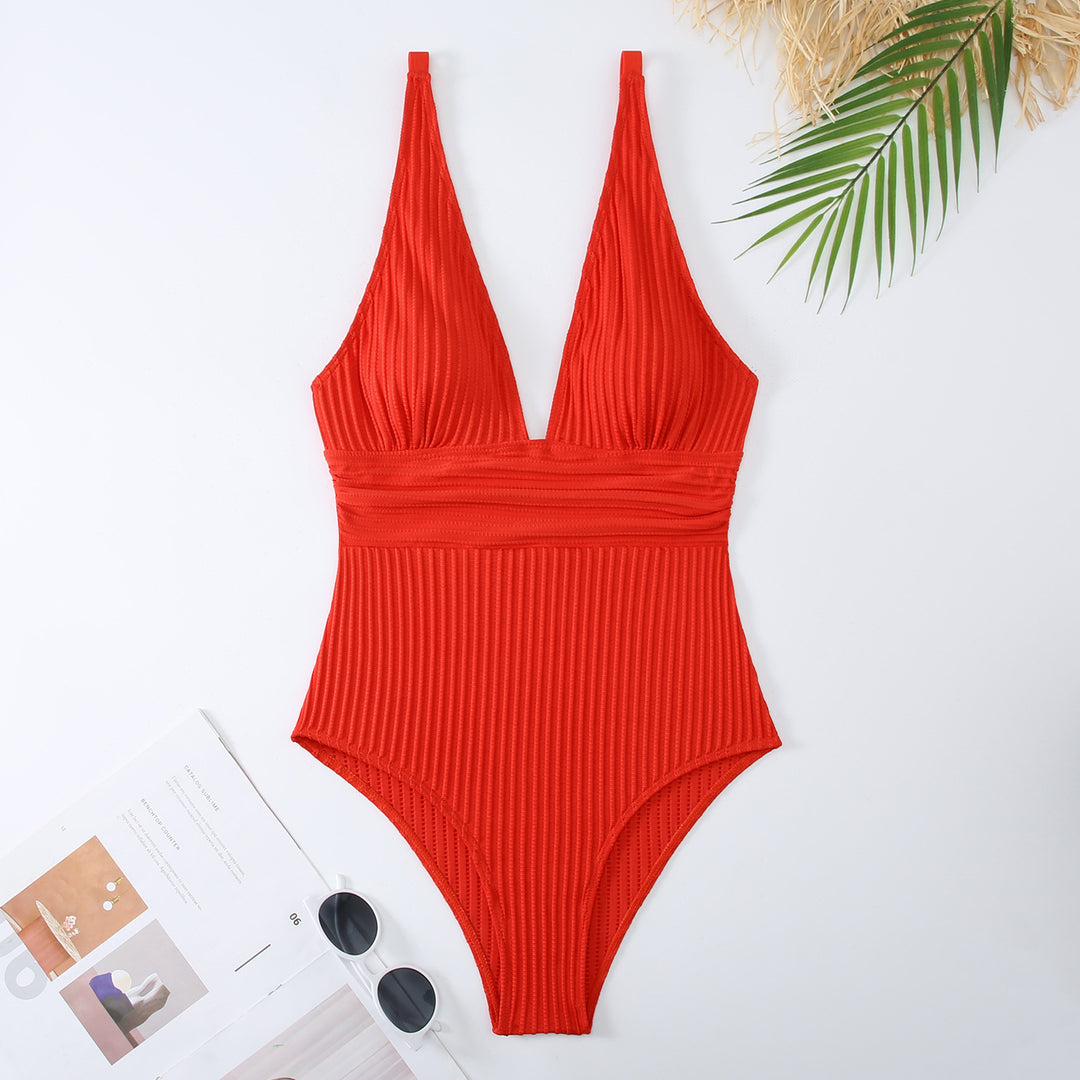 Women's one-piece swimsuit with deep V-neck and textured ribbed look Mune Fashion