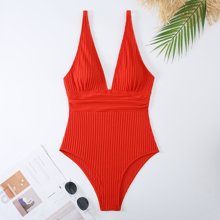 Women's one-piece swimsuit with deep V-neck and textured ribbed look Mune Fashion