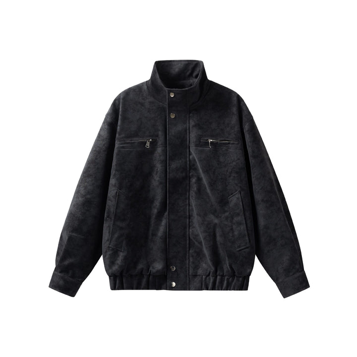 Women's short jacket in leather look with high stand-up collar, zip pockets and elastic hem Mune Fashion