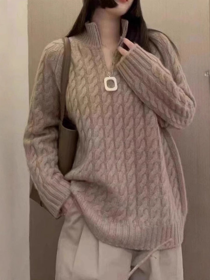 Women Oversize Cable Knit Fine Knit Sweater with Half Zipper and Stand-up Collar Mune Fashion