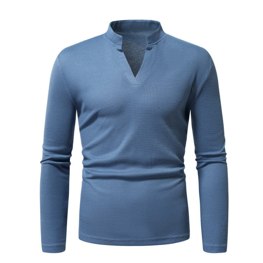 Men's Thermal Waffle Knit Shirt with Stand Collar and V-Neck Mune Fashion