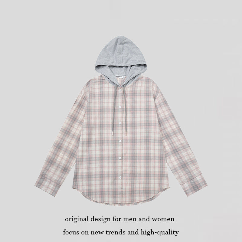 Women Checked Shirt Blouse with Jersey Hood and Button-Down Front