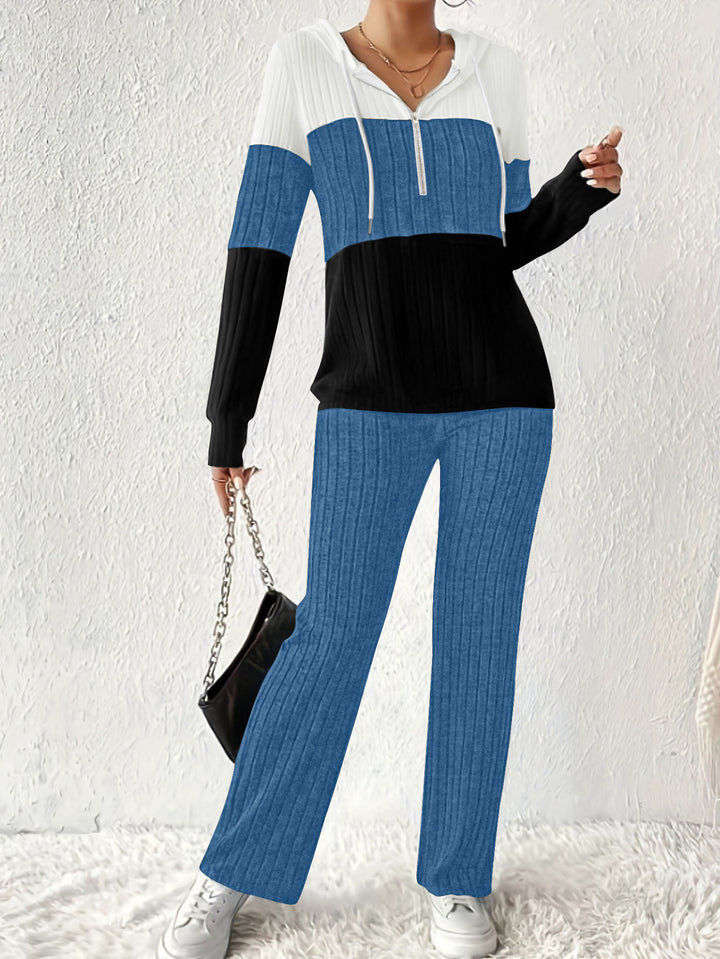 Women's Ribbed Lounge Set with Hooded Half-Zip and Wide Palazzo Knit Pants Mune Fashion