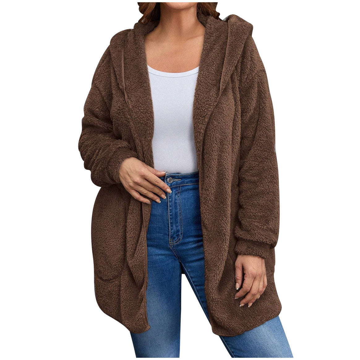 Women's cozy teddy fleece hooded jacket with large patch pockets and relaxed silhouette Mune Fashion