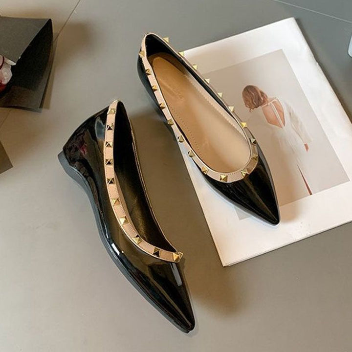 Ladies Flat Pointed Patent Ballerinas with Cushioned Comfort Insole and Studded Trim Mune Fashion