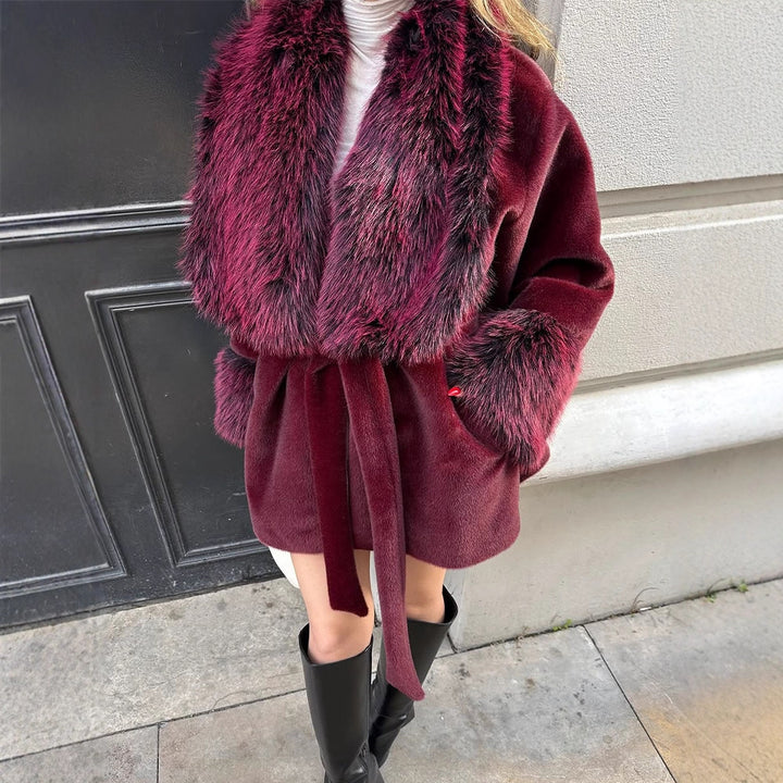 Women's Short Faux Fur Coat with Voluminous Shawl Collar, Waist Belt, and Fur Cuffs Mune Fashion