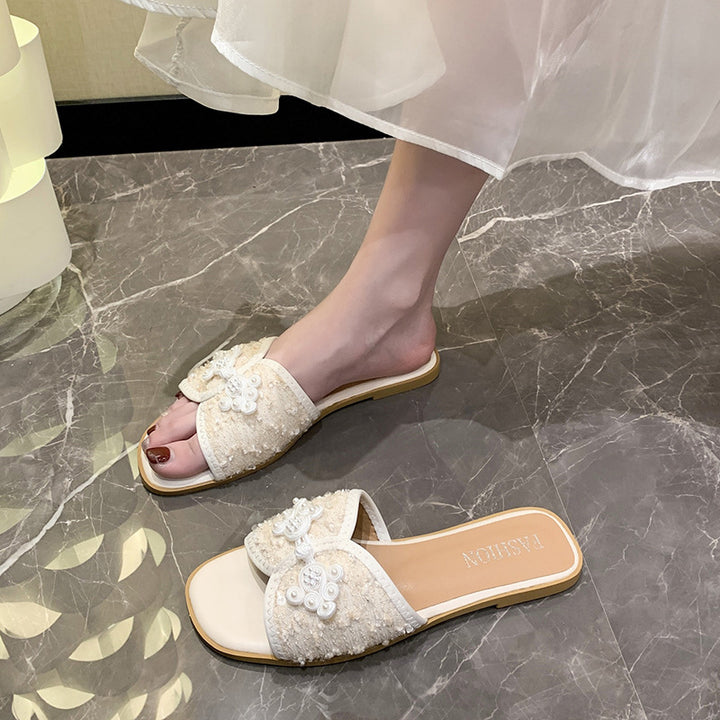 Women's elegant mule with square toe section bouclé upper material and pearl embellishment Mune Fashion