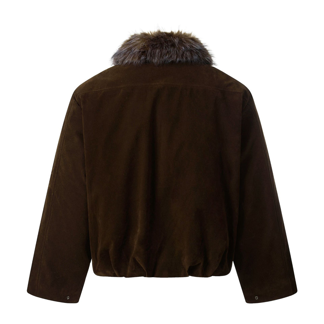 Men's Suede Bomber Jacket with Detachable Faux Fur Collar and Drawstring Mune Fashion