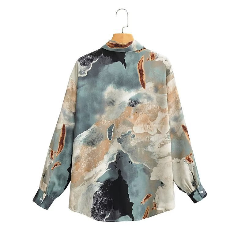 Women's silk look shirt blouse with abstract print and oversized cut Mune Fashion