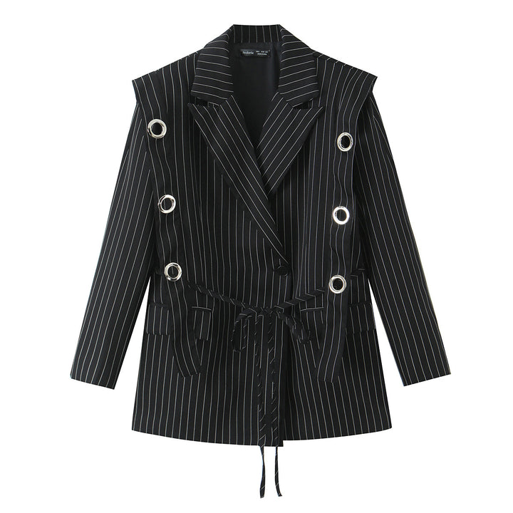 Women's fitted pinstriped blazer with decorative eyelets and drawstring Mune Fashion