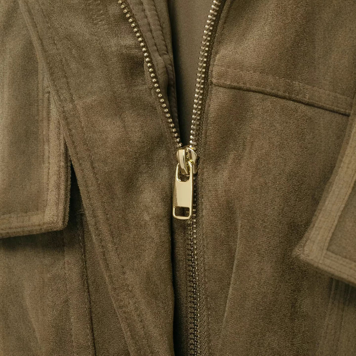 Women Oversize-Cropped Suede Look Jacket with Hood and Flap Pockets Mune Fashion