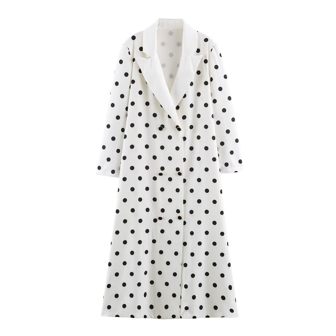 Women Mid-length Coat with Polka Dot Print, Double-breasted and Shawl Collar Mune Fashion