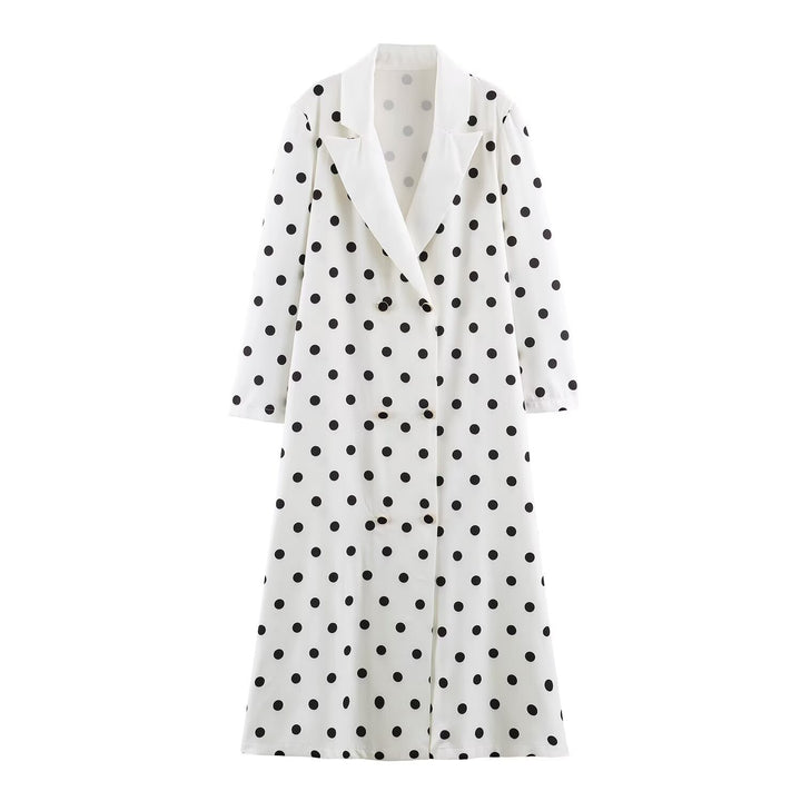 Women Mid-length Coat with Polka Dot Print, Double-breasted and Shawl Collar Mune Fashion