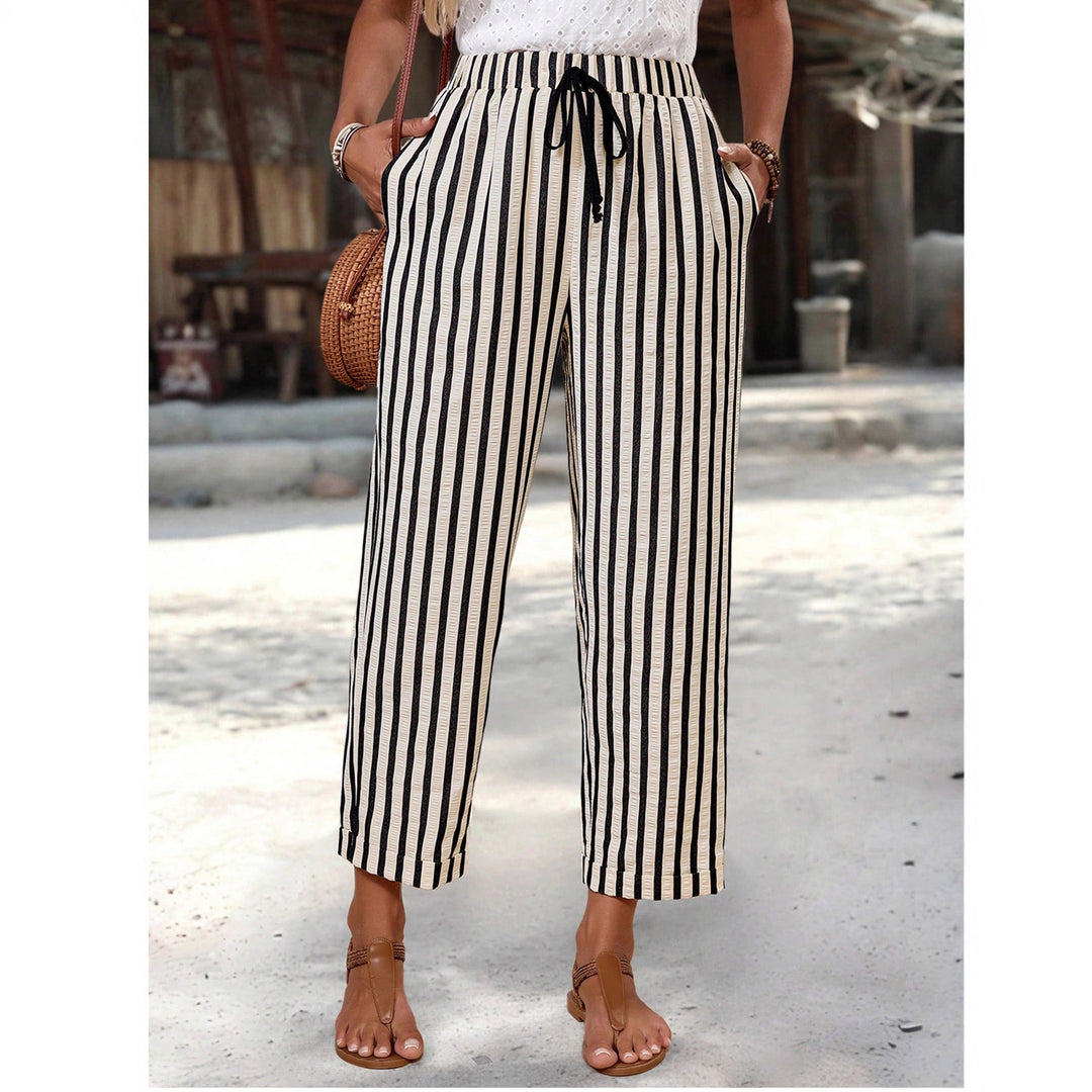 Women's Lightweight High-Waisted Striped Pants with Elastic Waistband, Drawstring, and Side Pockets