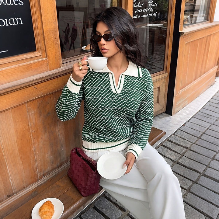 Ladies Elegant Sweater with Polo Collar and Zigzag Pattern Mune Fashion