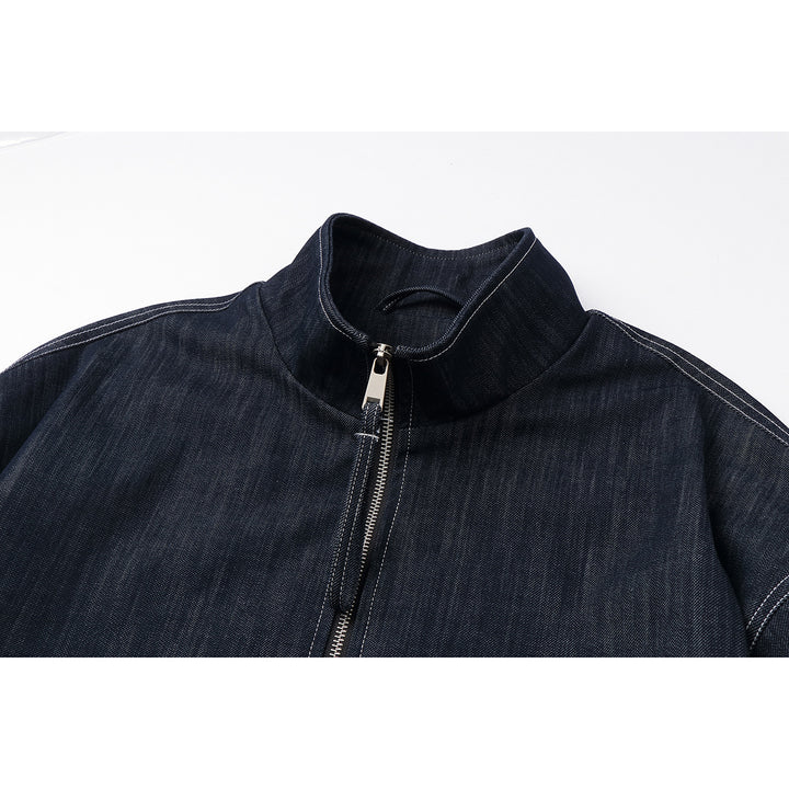 Men's Boxy Denim Blouson with high stand-up collar, visible contrast stitching and elastic hem.