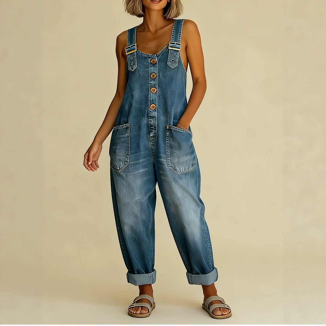 Women's Wide Denim Dungarees with Button Placket, Adjustable Straps and Patch Pockets Mune Fashion