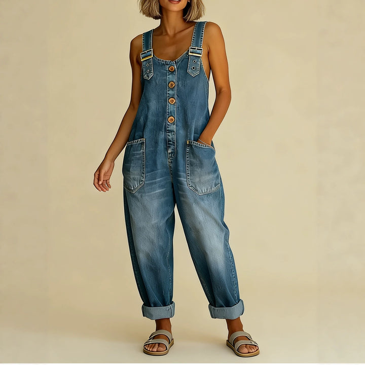 Women's Wide Denim Dungarees with Button Placket, Adjustable Straps and Patch Pockets Mune Fashion