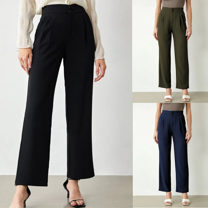 Women's high-waisted wide fabric pants with pleats and double button Mune Fashion