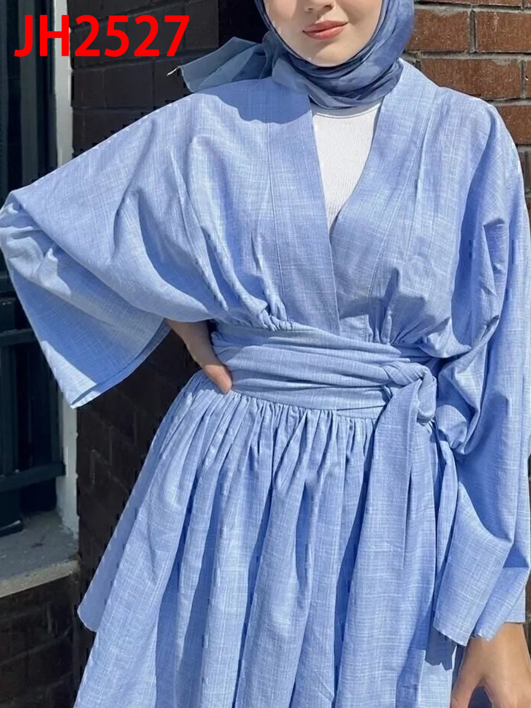 Women's kimono wrap dress in linen look with wide skirt and tie belt Mune Fashion