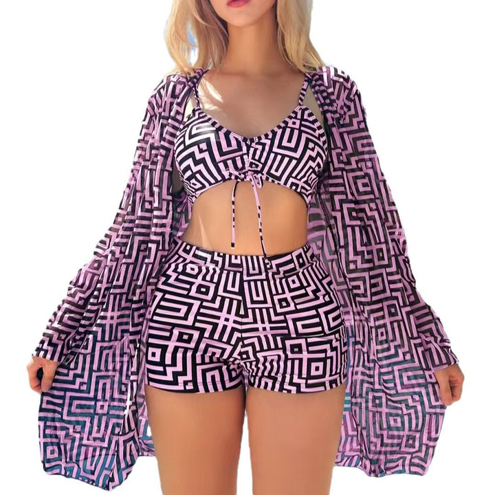 Women's stylish bikini set with geometric patterns and transparent beach jacket Mune Fashion