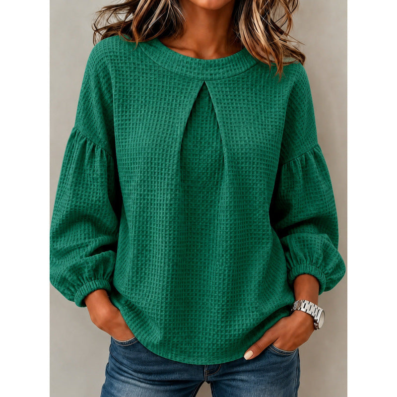 Women's Loose Waffle Knit Sweatshirt with Front Pleat and Balloon Sleeves Mune Fashion