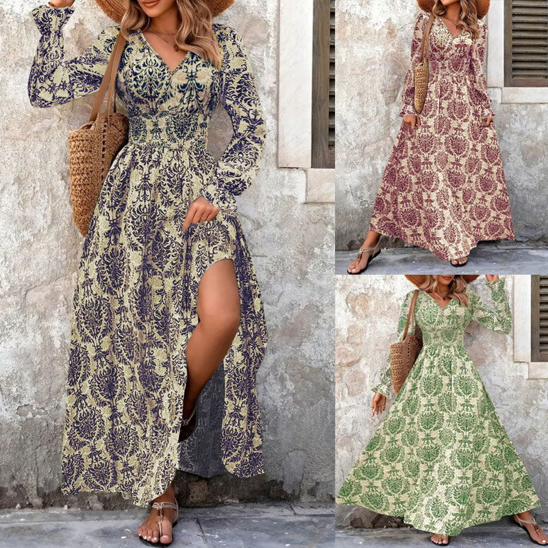 Ladies Flowing Maxi Dress with Gathered Smock Waist, Trumpet Sleeves, and Ornamental Print Mune Fashion