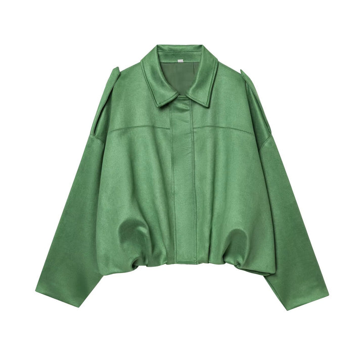 Women's Cropped Suede Look Blouson Jacket with Waist Smocking and Shoulder Patches Mune Fashion