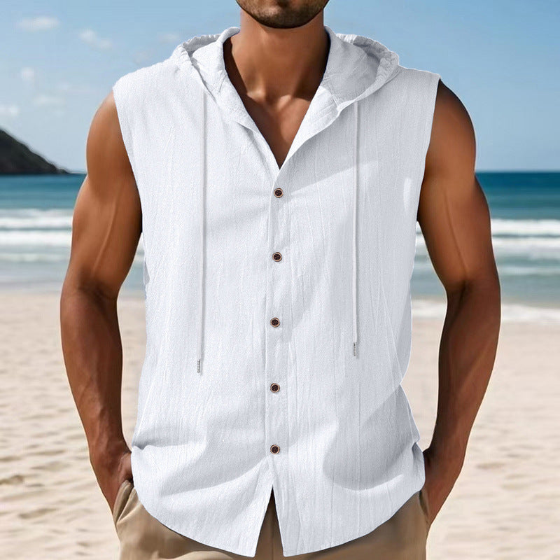 Men's sleeveless hooded shirt in linen look with wooden button placket Mune Fashion
