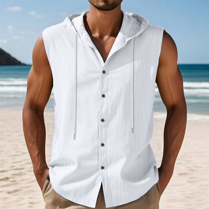 Men's sleeveless hooded shirt in linen look with wooden button placket Mune Fashion