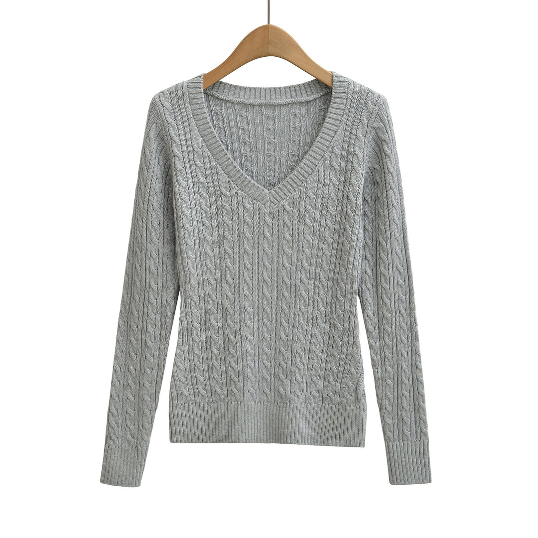 Women's Chunky Knit V-Neck Sweater with Cable Knit Texture Mune Fashion