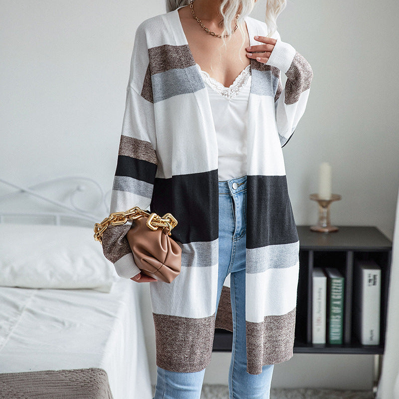 Women Long Open Knit Cardigan with Block Stripes, Light Fall and Pockets Mune Fashion