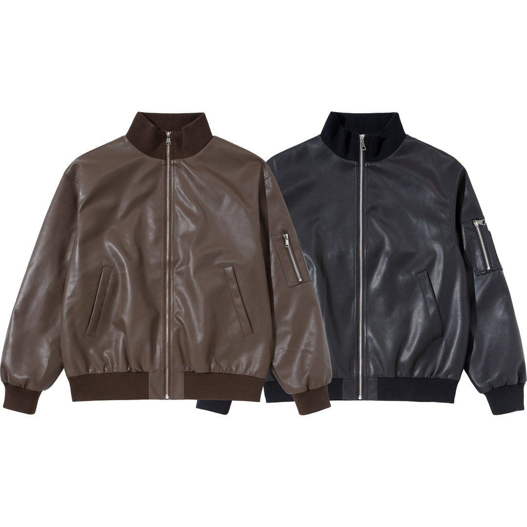 Men's faux leather bomber jacket in boxy cut with high ribbed collar and sleeve utility pocket Mune Fashion
