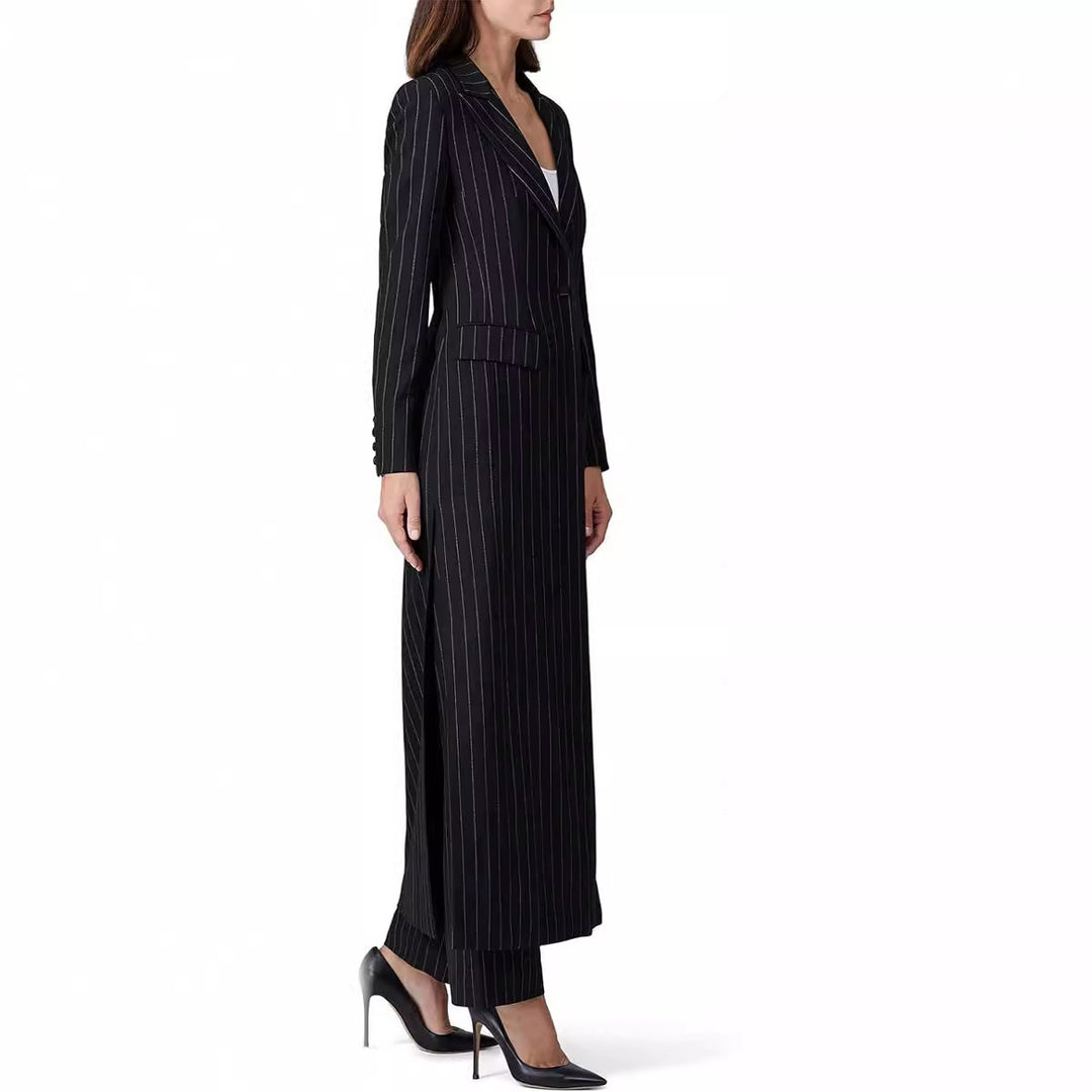 Women's Longline Blazer Coat with Pinstripes, Tailored Silhouette and Flap Pockets Mune Fashion