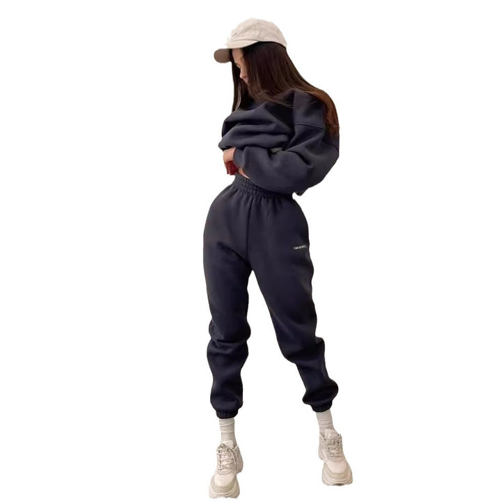 Women's Oversized Short Cut Sweatshirt with High Waist Fleece Jogging Pants Set Mune Fashion