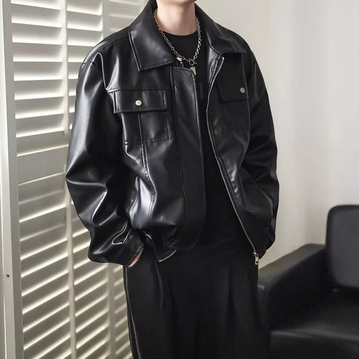 Men's Short Cropped Oversized Faux Leather Utility Jacket with Chest Flaps and Full-Length Zipper Mune Fashion