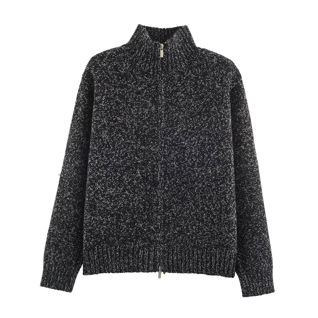 Women's Chunky Knit Zip Sweater with Stand-Up Collar and Ribbed Hem Mune Fashion