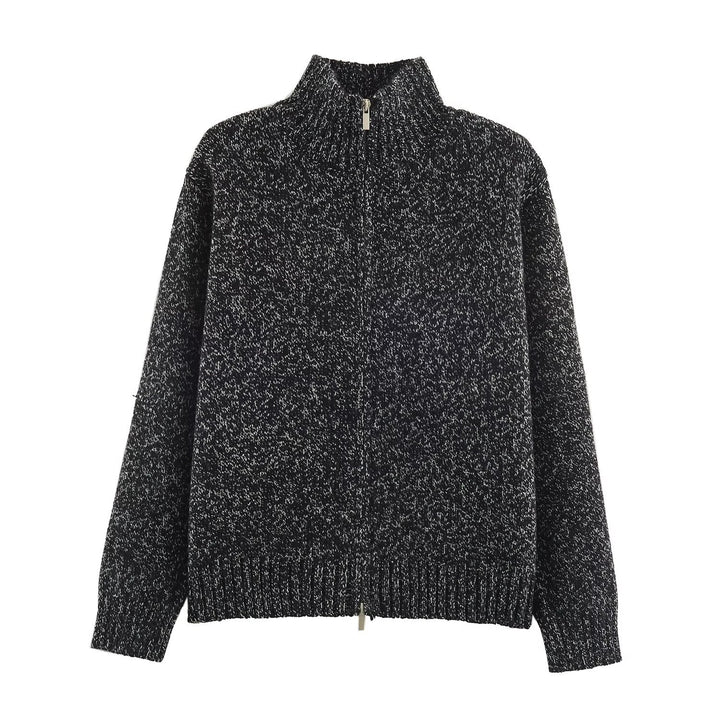 Women's Chunky Knit Zip Sweater with Stand-Up Collar and Ribbed Hem Mune Fashion