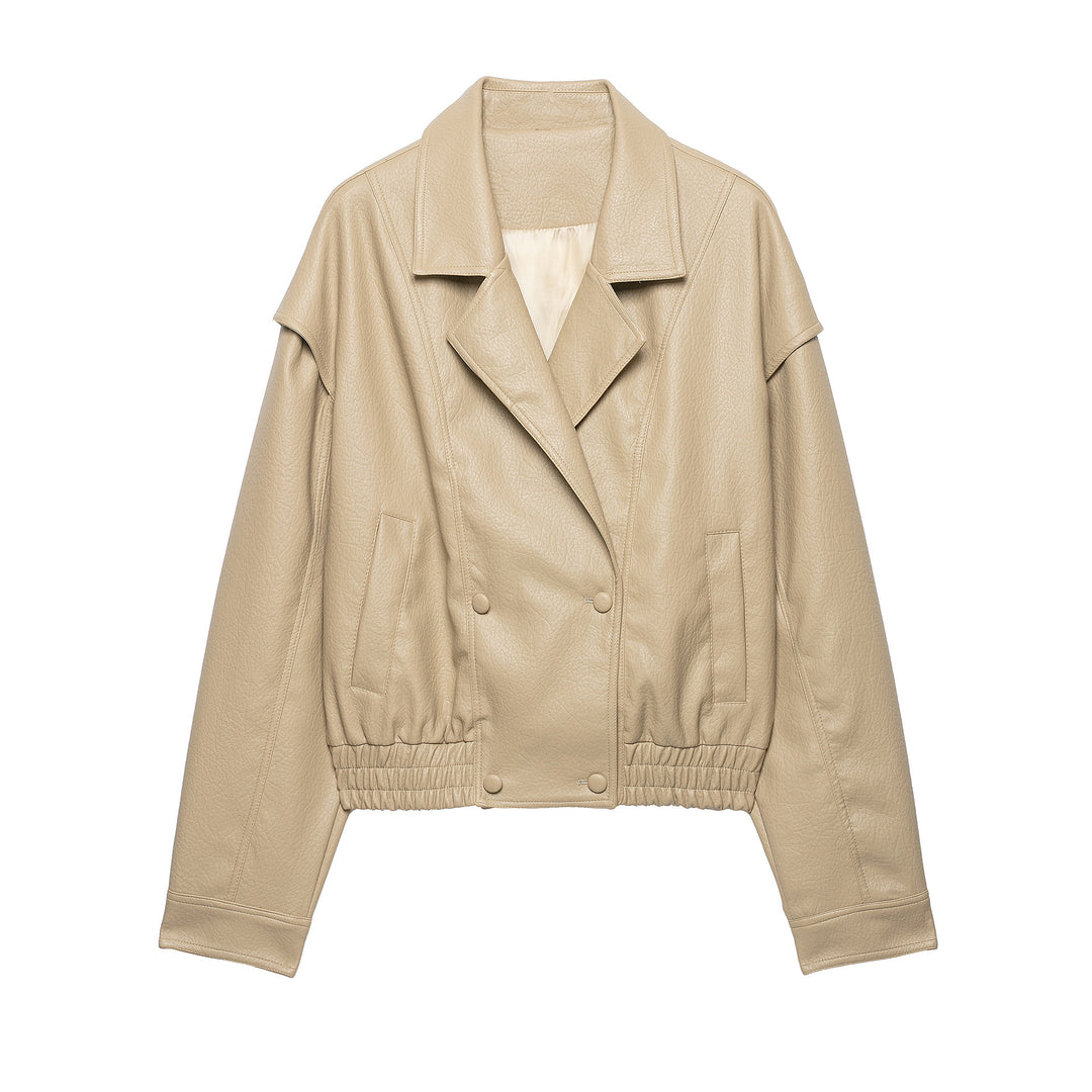 Women Short Blouson in Leather Look with Double Row and Elastic Hem Mune Fashion
