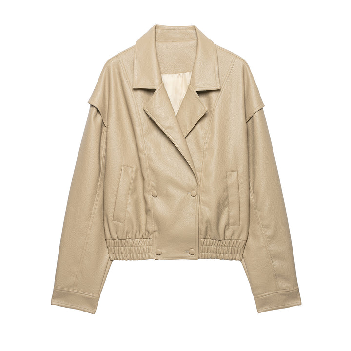 Women Short Blouson in Leather Look with Double Row and Elastic Hem Mune Fashion